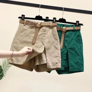 chic shorts women belt korean solid buttons side slit a line streetwear fashion skirts chic harajuku summer loose pants