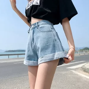 summer women's denim shorts high waist blue cotton wide leg short pants girl's student mini korean fashion womens jean shorts