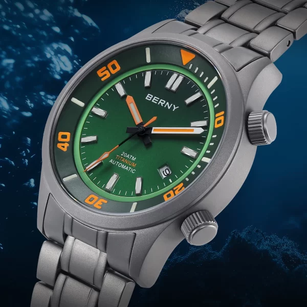 berny men's automatic full titanium diver watch supper luminous sappire ar coated miyota 8215 compressor sport 20atm dive watch