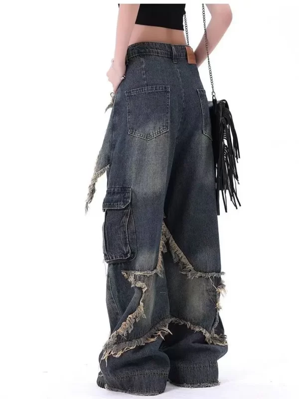 new american vintage washed five point star frayed hem jeans for women high street niche oversized straight leg long pants