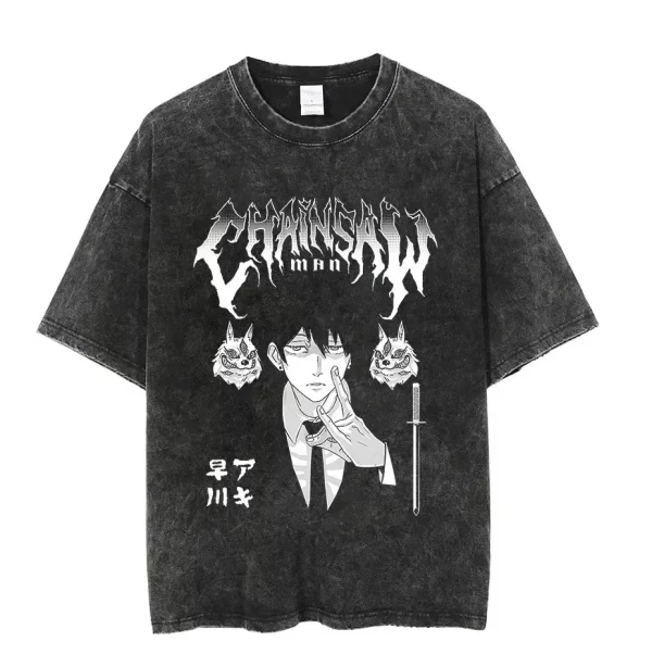 vintage washed tshirts chainsaw man anime t shirt for men women harajuku oversize tee cotton fashion streetwear unisex tops
