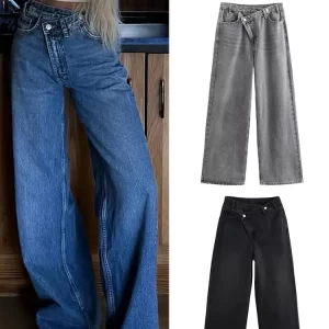 trafza 2025 summer women's fashionable straight jeans high waist vintage zipper women's casual jeans commuting streetwear y2k