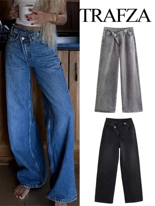 trafza 2025 summer women's fashionable straight jeans high waist vintage zipper women's casual jeans commuting streetwear y2k