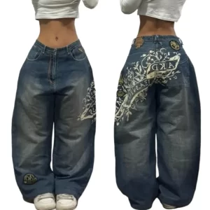 2024 new american trend retro hip hop embroidery pattern baggy jeans for men and women y2k harajuku gothic wide pants streetwear