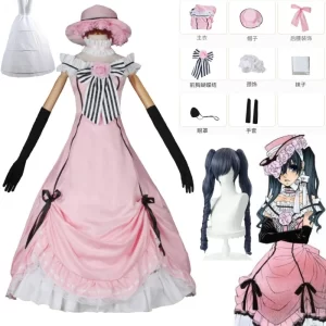 anime black butler ciel phantomhive young master cosplay pink robin uniform lolita dress wig sleeveless lace maid cut dress