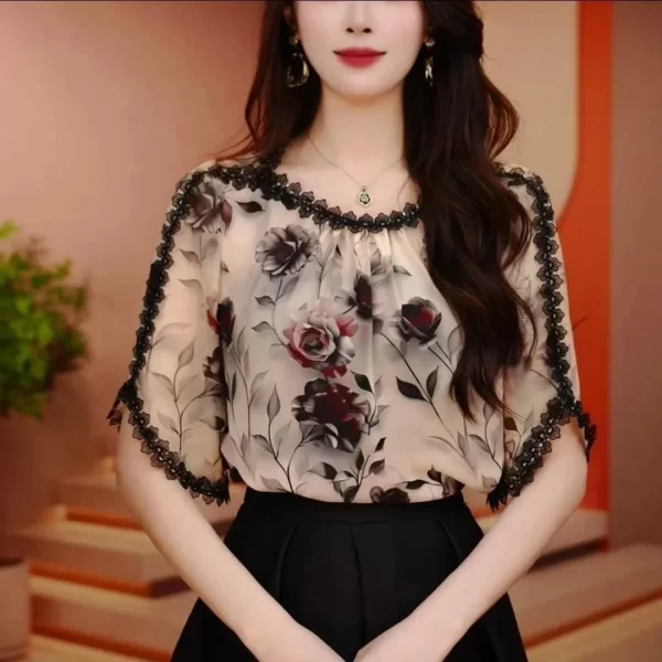 elegant fashionable versatile lace short sleeve shirt 2024 summer loose fit slimming stylish small top floral edge design