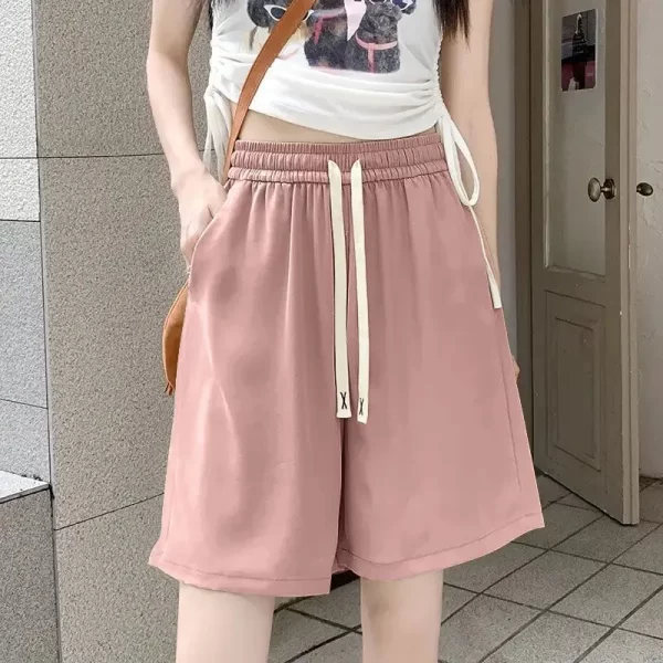 2025 women's new simple style thin ice silk sports shorts summer comfortable casual loose high waist five pocket pants