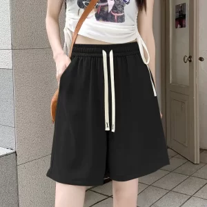 2025 women's new simple style thin ice silk sports shorts summer comfortable casual loose high waist five pocket pants