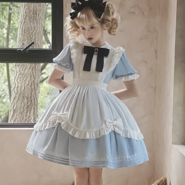 wonderland op lolita sweet bow lace dresses maid summer crew neck short sleeve puffy sleeves apron two piece kawaii