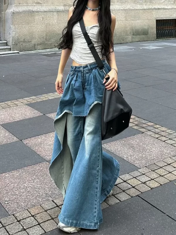 slimming bell bot jeans women's high waist long pants distred denim patchwork design trendy autumn winter new arrival