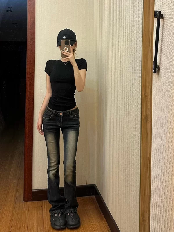 low waist slim fit straight leg jeans women's spring autumn casual vintage american sle blue denim pants tapered cigarette