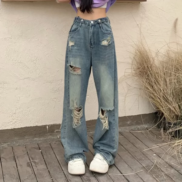 vintage hole y2k women's jeans high waisted jeans wide leg loose straight leg hip hop street wear floor length denim pants