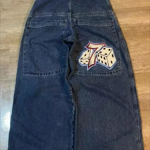 dice embroidered baggy jeans y2k clothes men women harajuku hip hop embroidered vintage blue baggy jeans low rise wide leg pants