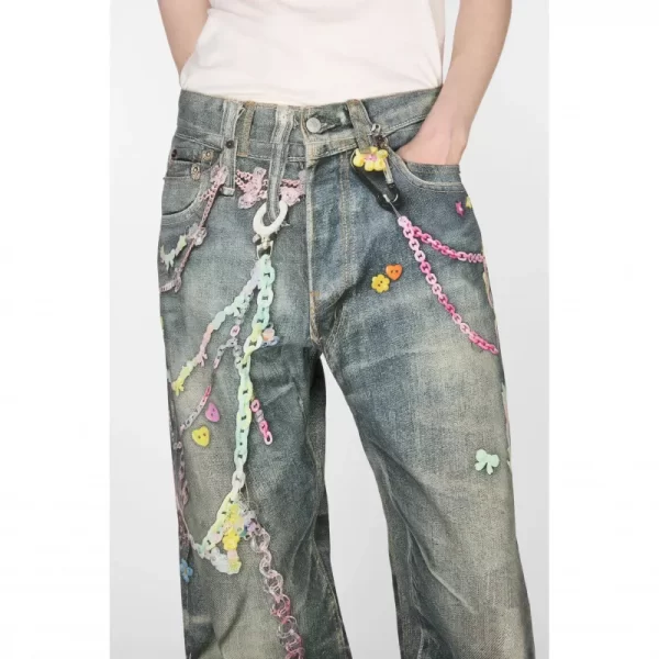loose wide leg denim jeans retro candy chain print unisex spring summer new style loose low waist trousers for couples