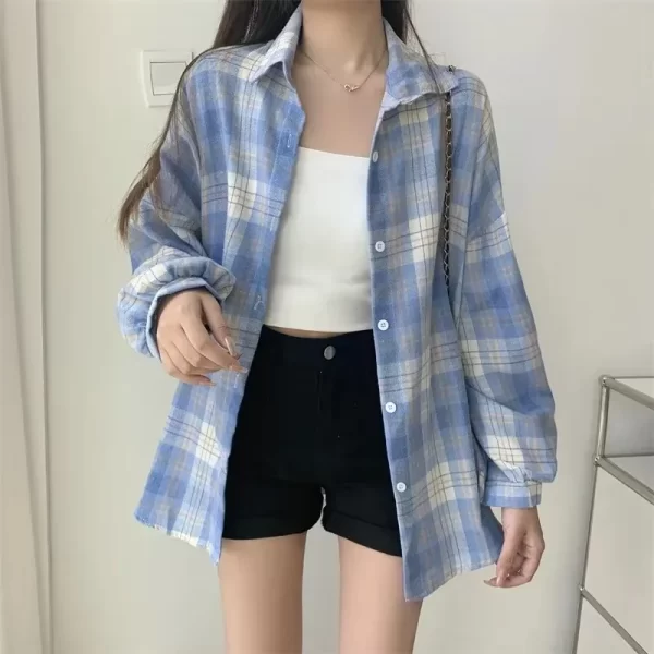 plaid shirt women fashion autumn long sleeve top female vintage single breasted blouse ladies preppy style loose check shirts