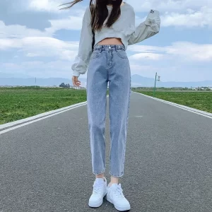 trendy high waisted adjustable jeans women's summer new style korean wide leg nine point straight leg carrot harem pants