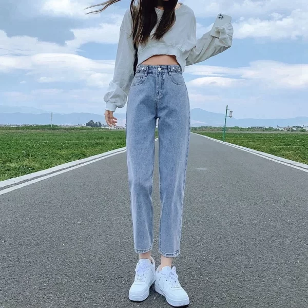 trendy high waisted adjustable jeans women's summer new style korean wide leg nine point straight leg carrot harem pants