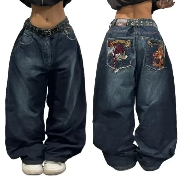 2024 new american trend retro hip hop embroidery pattern baggy jeans for men and women y2k harajuku gothic wide pants streetwear