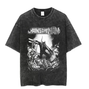 vintage washed tshirts chainsaw man anime t shirt for men women harajuku oversize tee cotton fashion streetwear unisex tops