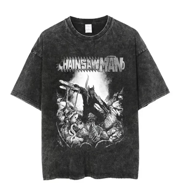 vintage washed tshirts chainsaw man anime t shirt for men women harajuku oversize tee cotton fashion streetwear unisex tops