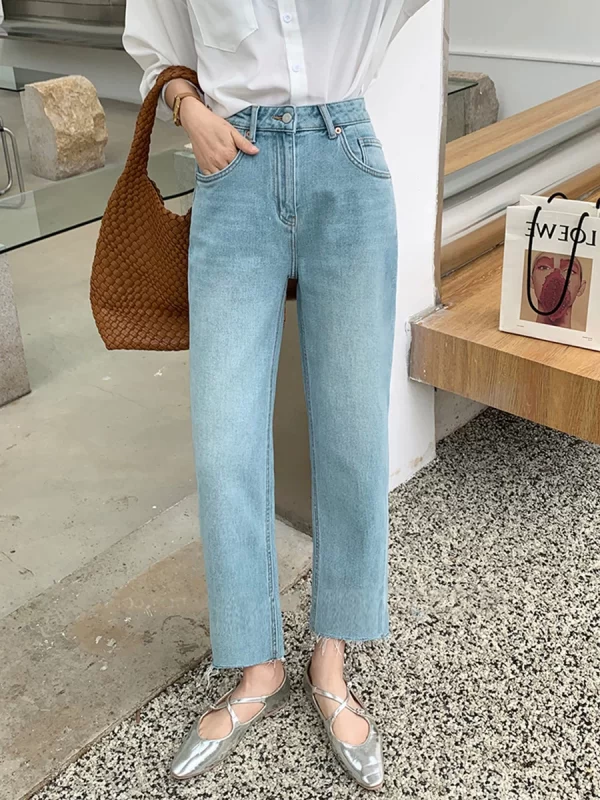 high waist woman jeans 2024 autumn new arrivals blue color botton burrs straight korean fashion elegant jeans women hot sale