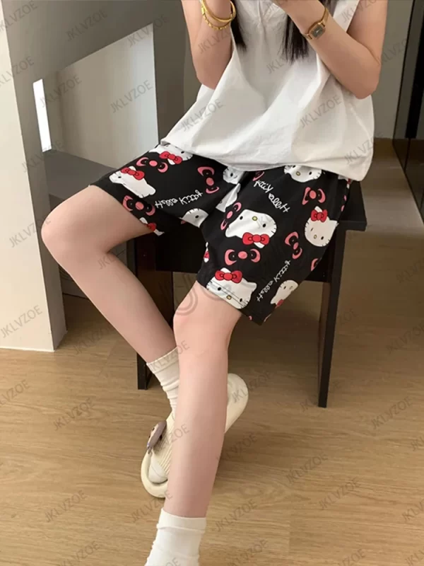 2025 new cartoon hello kitty loose print ladies pajama short pants women men summer sleep shorts loose casual short trousers