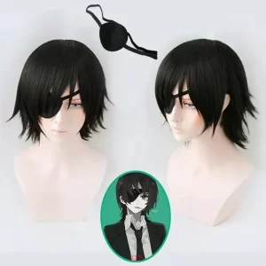 himeno wig chainsaw man black short fluffy layered synthetic hair with eyes patch heat resistant costume party play