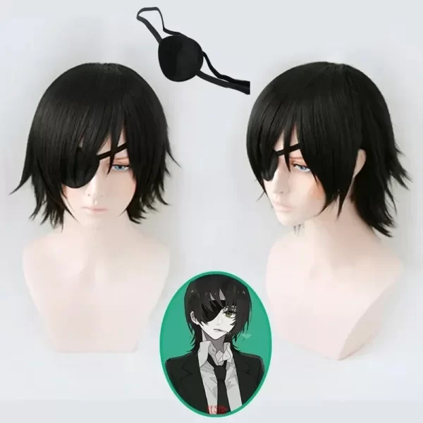 himeno wig chainsaw man black short fluffy layered synthetic hair with eyes patch heat resistant costume party play