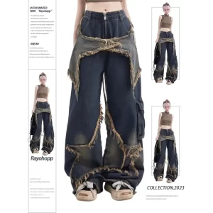 new american vintage washed five point star frayed hem jeans for women high street niche oversized straight leg long pants