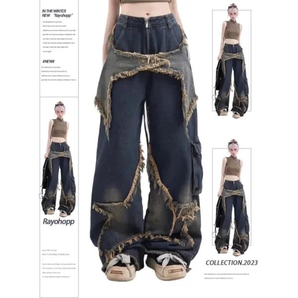 new american vintage washed five point star frayed hem jeans for women high street niche oversized straight leg long pants