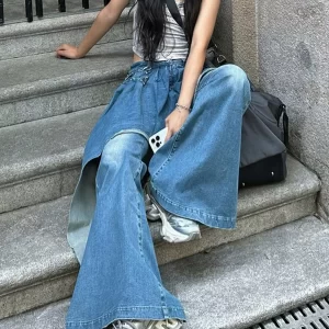 slimming bell bot jeans women's high waist long pants distred denim patchwork design trendy autumn winter new arrival