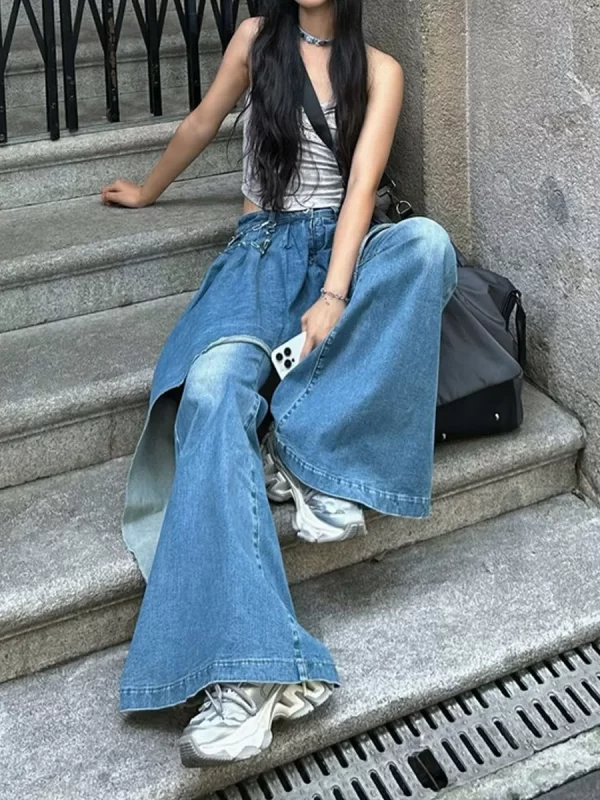 slimming bell bot jeans women's high waist long pants distred denim patchwork design trendy autumn winter new arrival