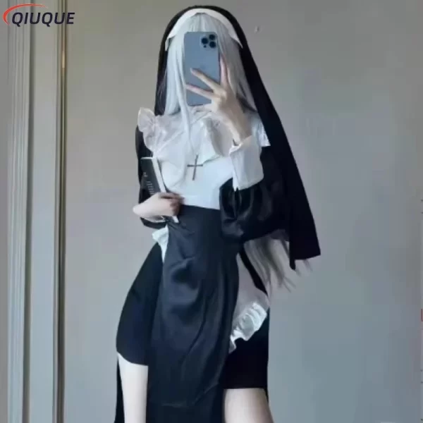 women's nun costume kerchief cross necklace sexy nurse dressing halloween maid plus size tight black robe religious costumes