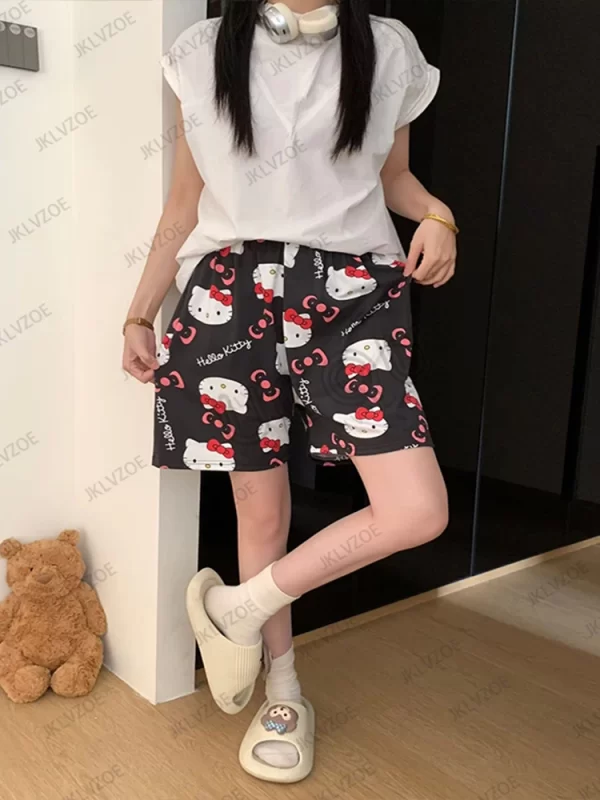 2025 new cartoon hello kitty loose print ladies pajama short pants women men summer sleep shorts loose casual short trousers