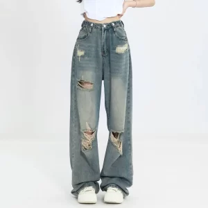 vintage hole y2k women's jeans high waisted jeans wide leg loose straight leg hip hop street wear floor length denim pants