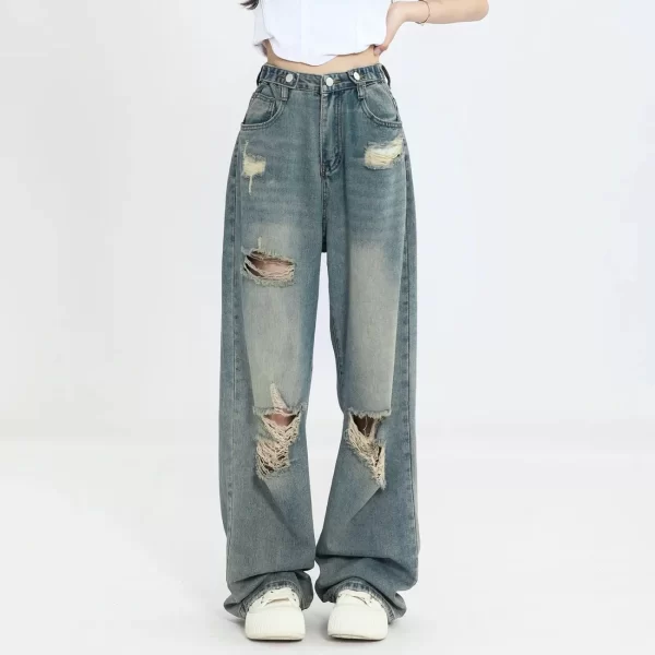 vintage hole y2k women's jeans high waisted jeans wide leg loose straight leg hip hop street wear floor length denim pants