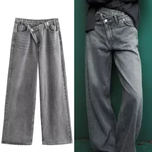 trafza women's straight jeans fashion 2025 high waist loose casual wide leg trousers commutingfemale streetwear denim pants