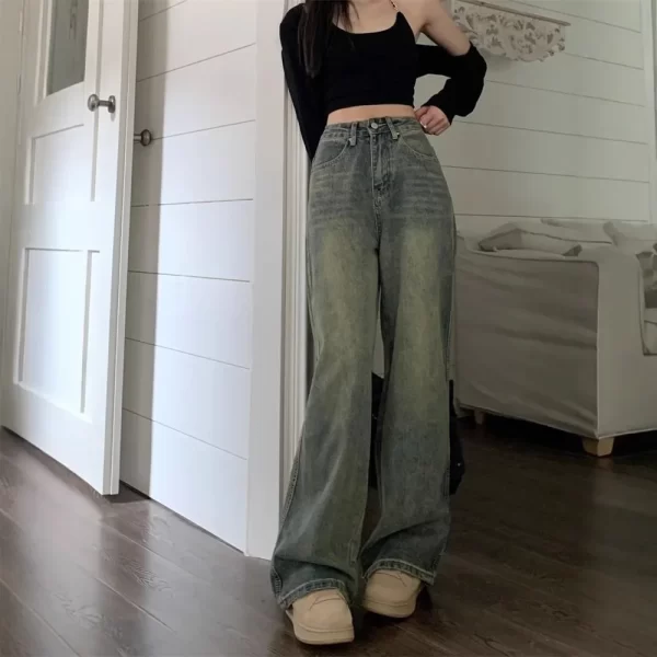 retro american washed denim pants high waist slim wide leg straight floor length women's jeans casual comfortable trousers