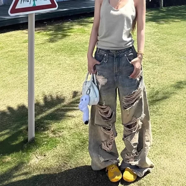 retro american high street women's jeans vintage washed hole design loose wide leg pants draped lazy style straight tube jeans