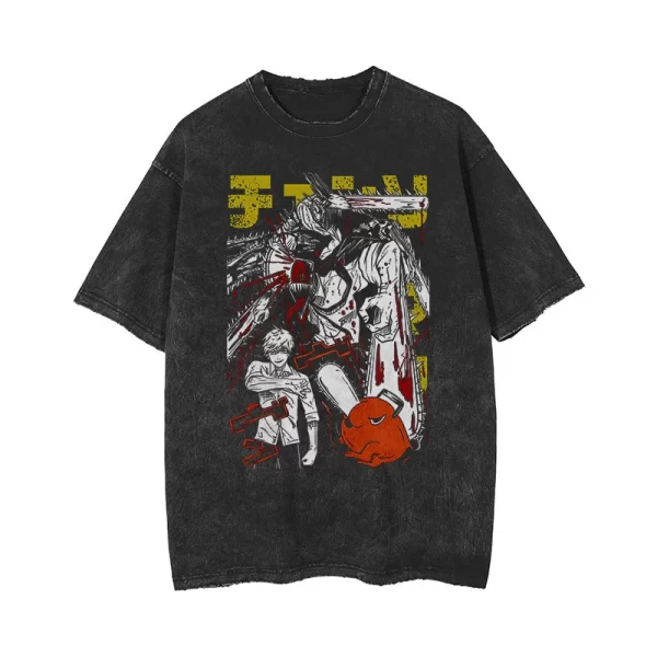anime chainsaw man acid tshirt retro vintage washed printed graphic t shirt women harajuku cotton casual short sleeve tshirt