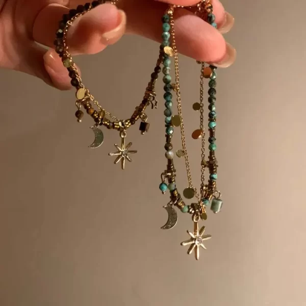 vintage natural stone double layered beads bracelets for women fashion metal mang star pendant bracelets y2k charm jewelry gifts