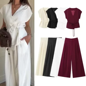 tfmln fashion women's trouser suits sleeveless v neck top with belt straight pants sets 2025 spring summer commuter 2 piece set