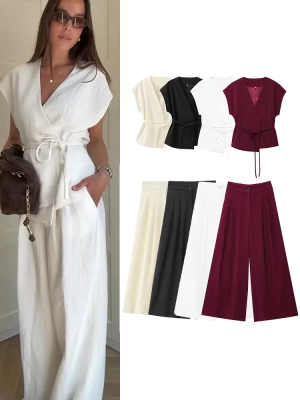 tfmln fashion women's trouser suits sleeveless v neck top with belt straight pants sets 2025 spring summer commuter 2 piece set