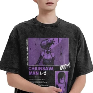 anime chainsaw man reze graphic printed t shirt men women washed cotton tshirts vintage casual t shirt harajuku male tops
