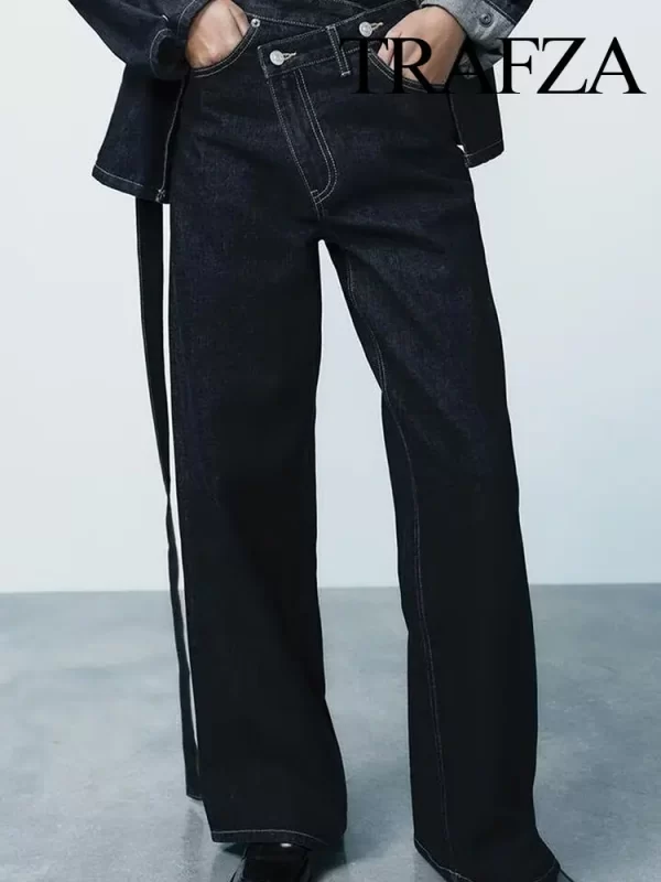 trafza 2025 summer women's fashionable straight jeans high waist vintage zipper women's casual jeans commuting streetwear y2k