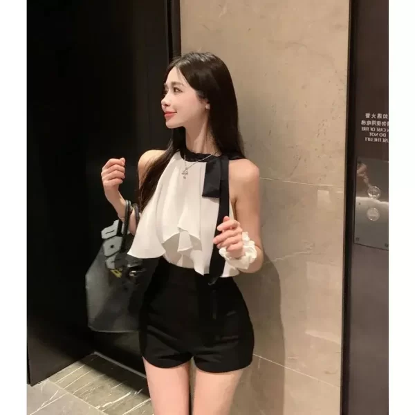 women's chiffon blouse korean style round neck bow sleeveless sexy summer fashion loose fit slimming top trendy