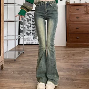 2024 woman high waist vintage streetwear flare jeans female elastic grunge bell bottom pants girls fashion blue denim trousers