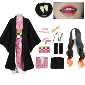 anime kimetsu no yaiba kamado nezuko cosplay costume kimono demon slayer cosplay wigs hairs halloween carnival women outfit