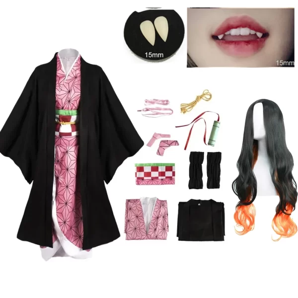 anime kimetsu no yaiba kamado nezuko cosplay costume kimono demon slayer cosplay wigs hairs halloween carnival women outfit