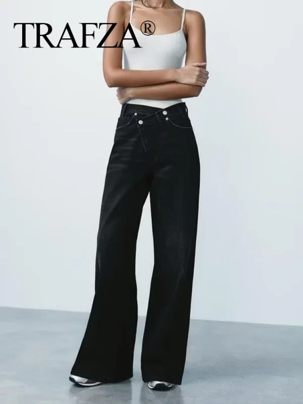 trafza 2025 fashion women slanted placket blue jeans female wide leg pants long pants high street ripped jeans versatile retro
